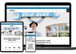 Darstellung der responsiven Webseite von Velo-Klug auf dem iPhone, dem iPad und dem Laptop.