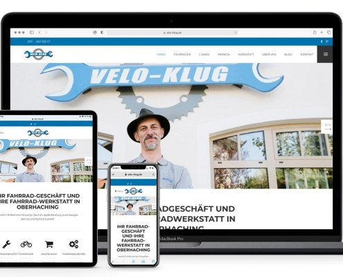 Darstellung der responsiven Webseite von Velo-Klug auf dem iPhone, dem iPad und dem Laptop.
